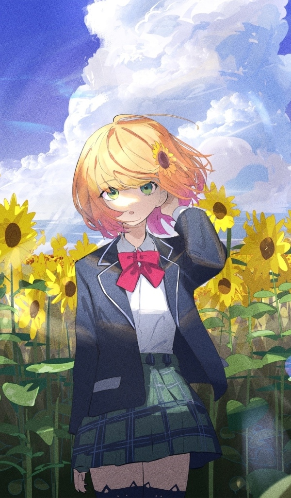 Девушка аниме на поле с подсолнухами
