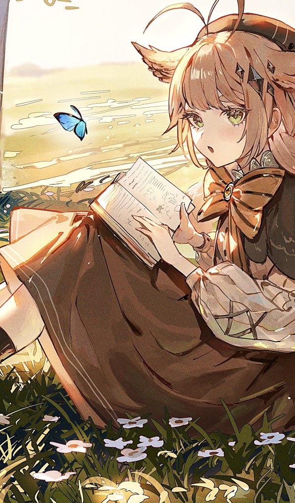 Девушка аниме читает книгу под деревом