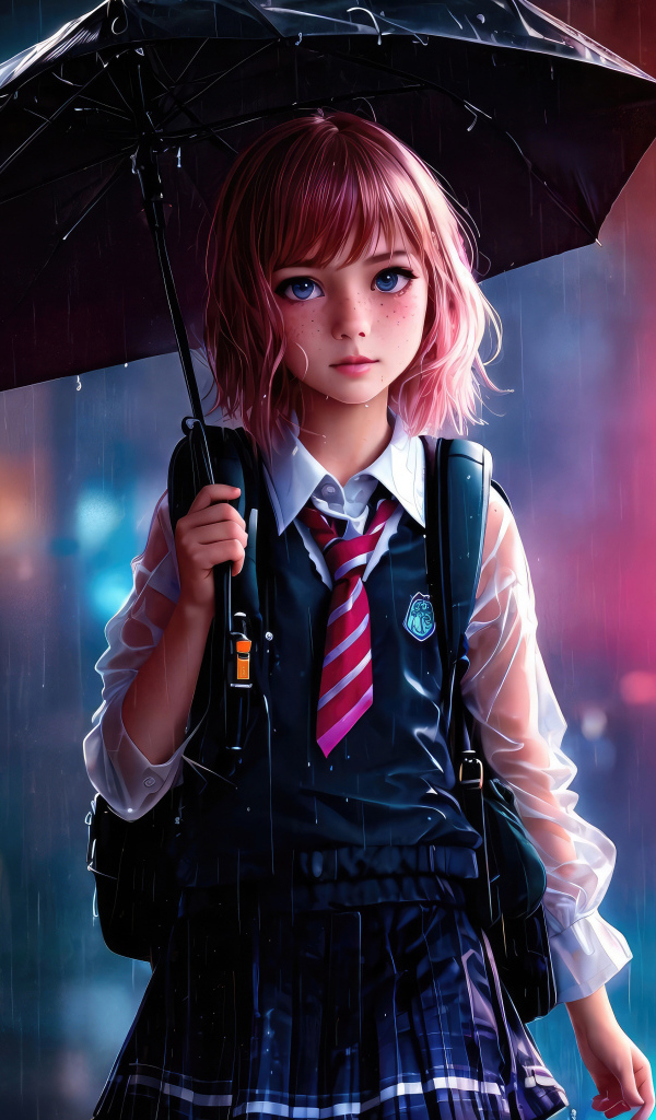 Девочка аниме школьница под зонтом