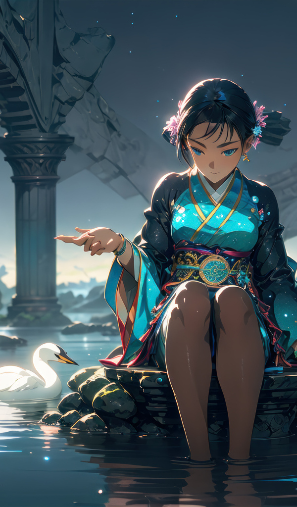 Девушка аниме сидит в пруду с лебедями