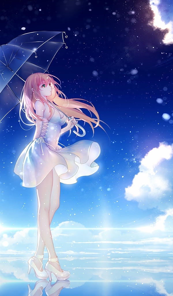 Девушка аниме под зонтом в воде