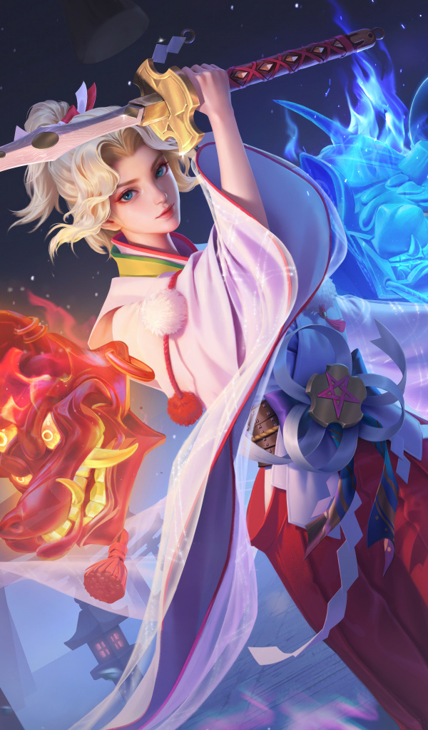 Девушка аниме с мечом в руках убивает дракона