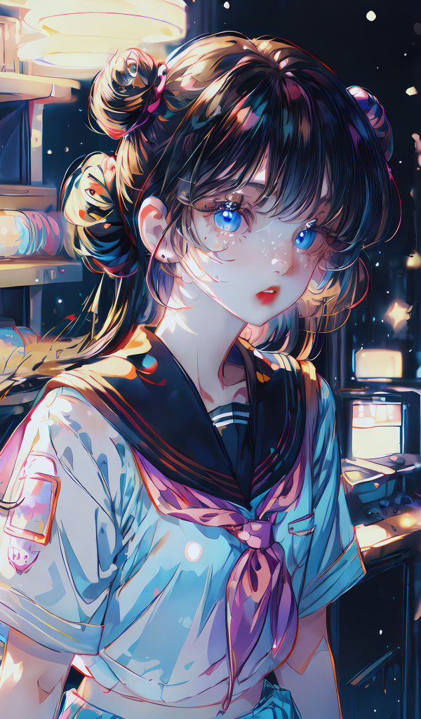 Девушка аниме с голубыми глазами в магазине