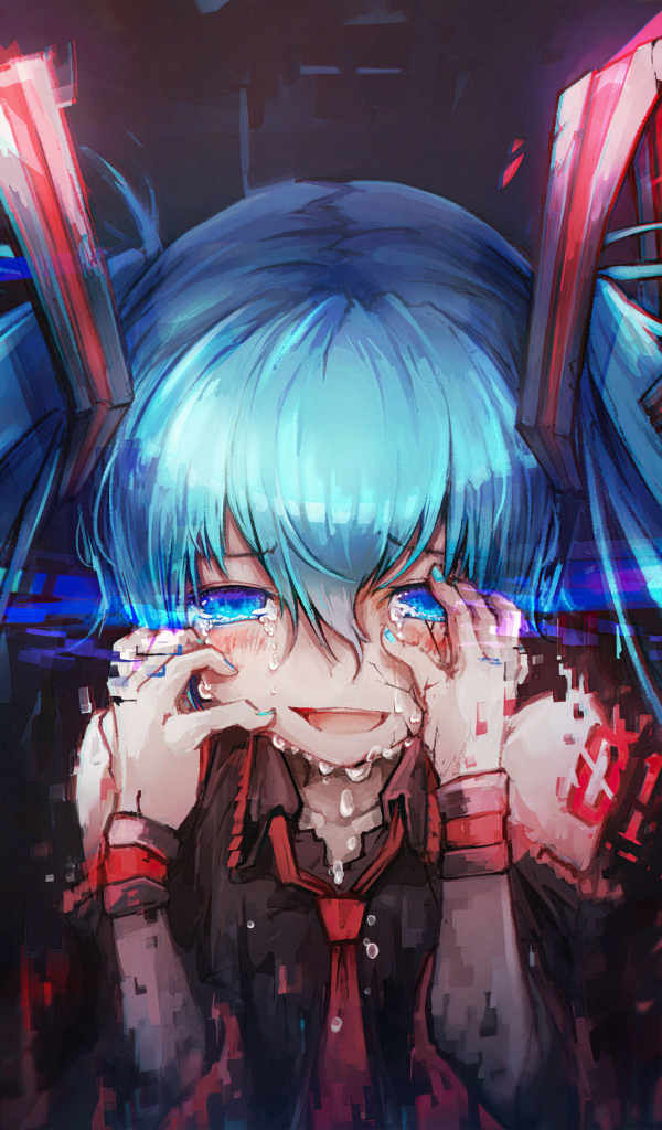 Девушка аниме с голубыми волосами в слезах