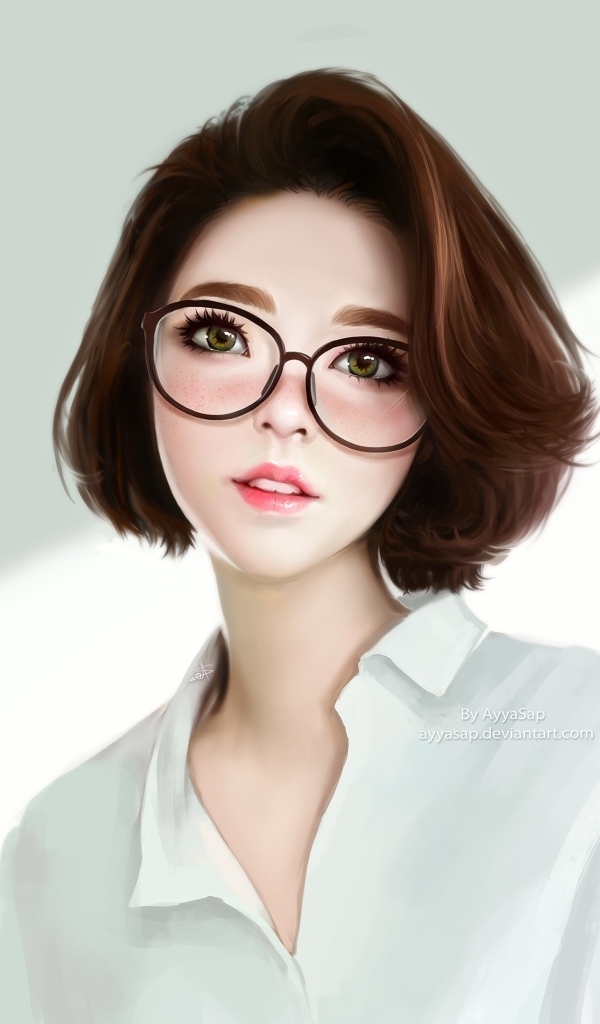 Девушка аниме в очках на белом фоне