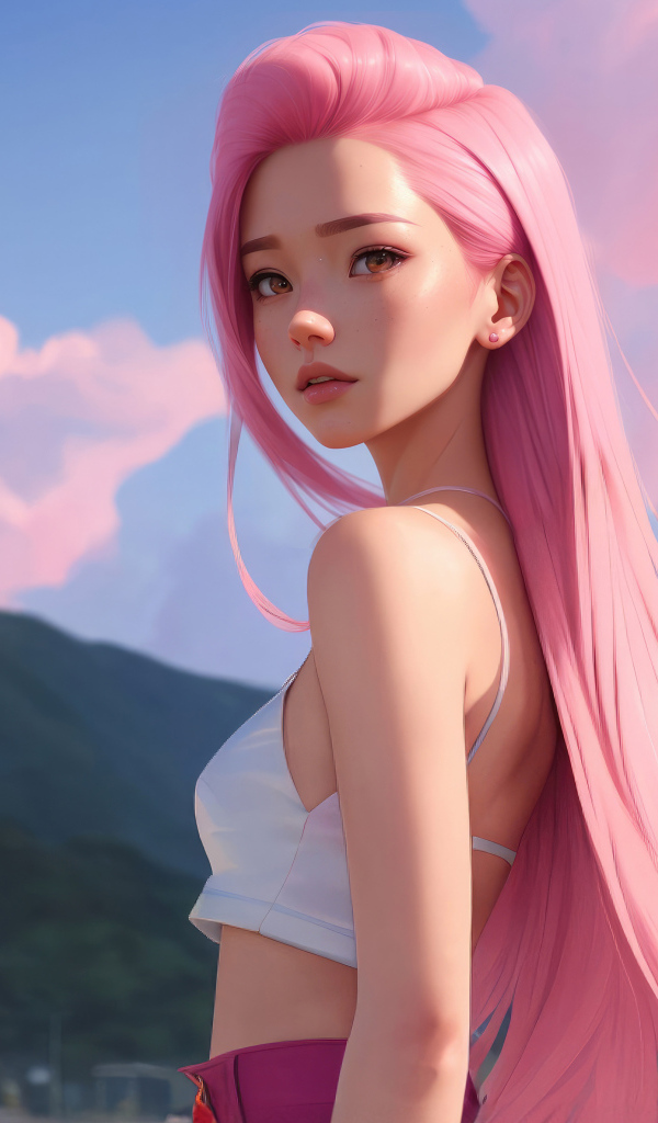 Девушка аниме с длинными розовыми волосами