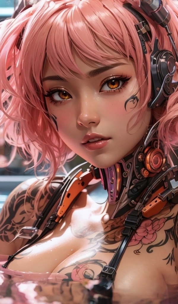Девушка аниме с розовыми волосами и татуировками на теле