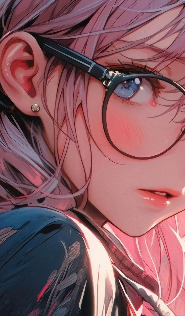 Девушка аниме с розовыми волосами в очках