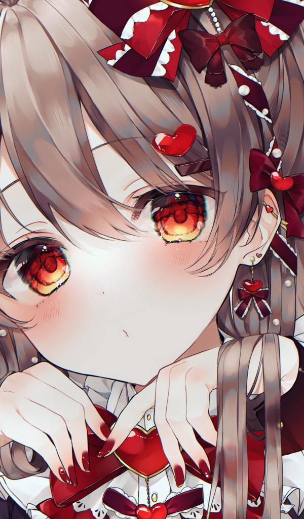 Девушка аниме с красными сердечками