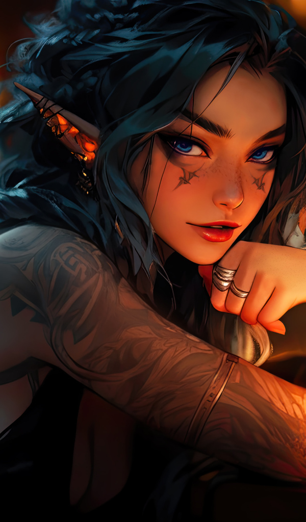 Девушка аниме с татуировками сидит в баре