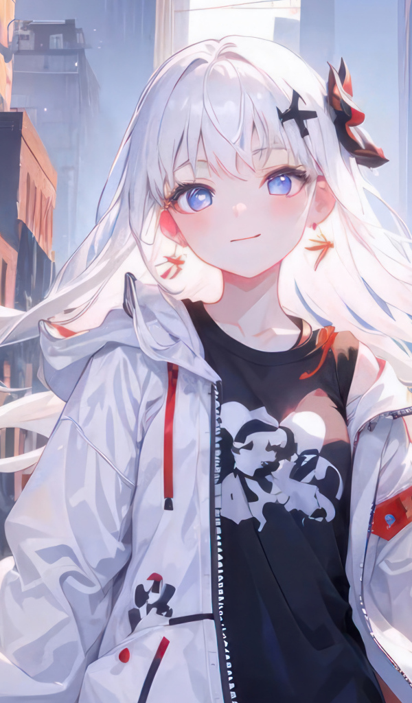 Девушка аниме с белыми волосами в городе