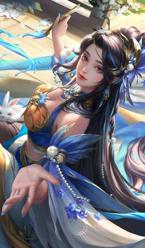 Девушка аниме с белыми кроликами