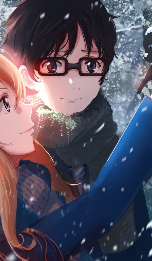 Парень и девушка аниме с котенком в руках