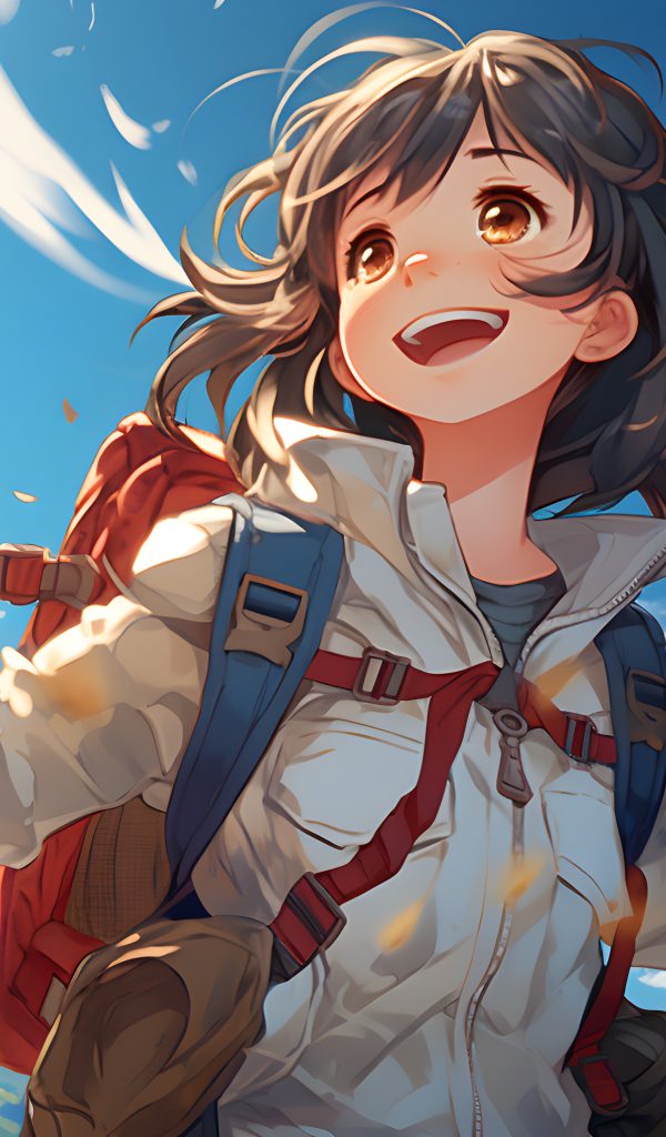 Веселая девушка аниме с рюкзаком за спиной