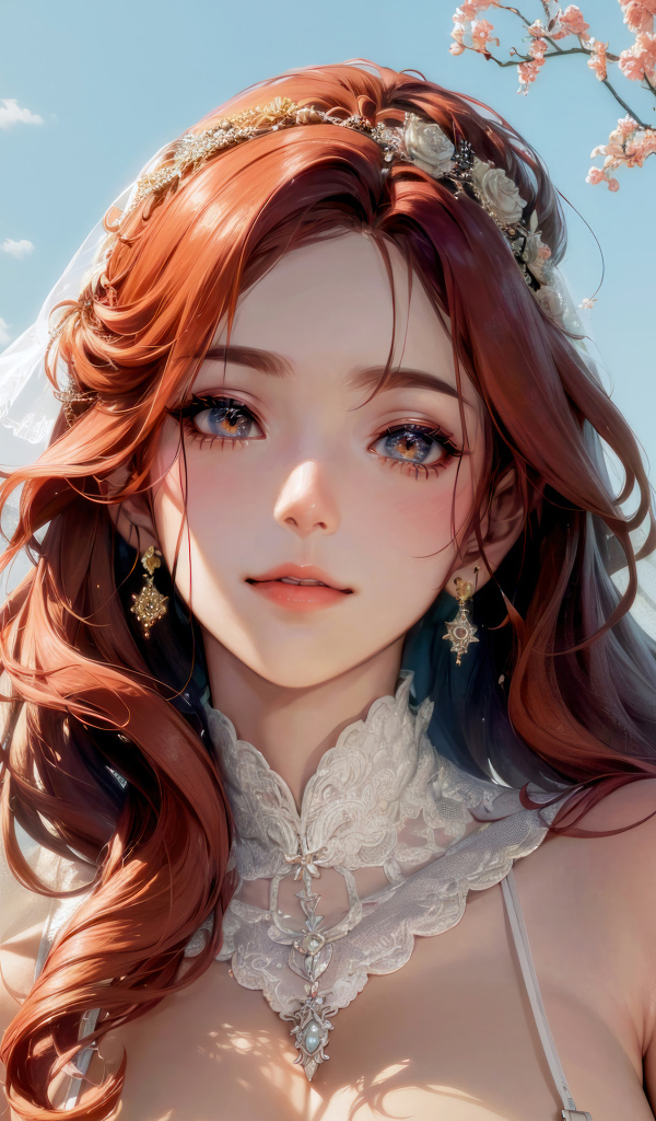 Рыжеволосая девушка аниме в свадебном платье