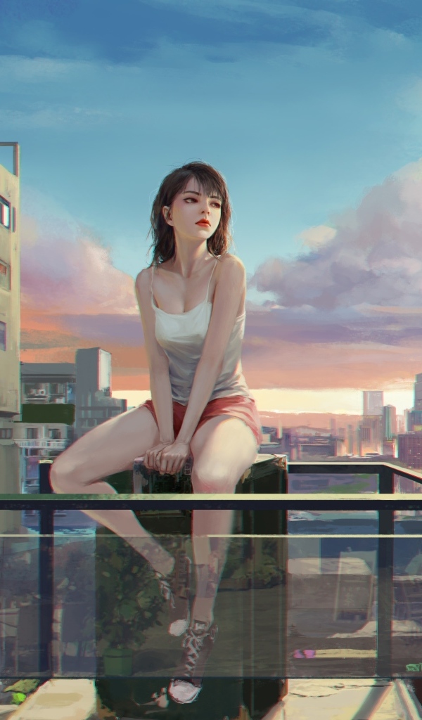 Грустная девушка аниме сидит на балконе