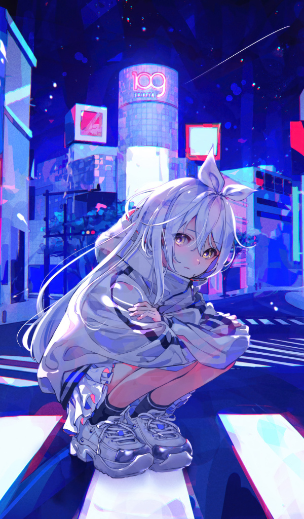 Sad anime girl sitting on the road in the city