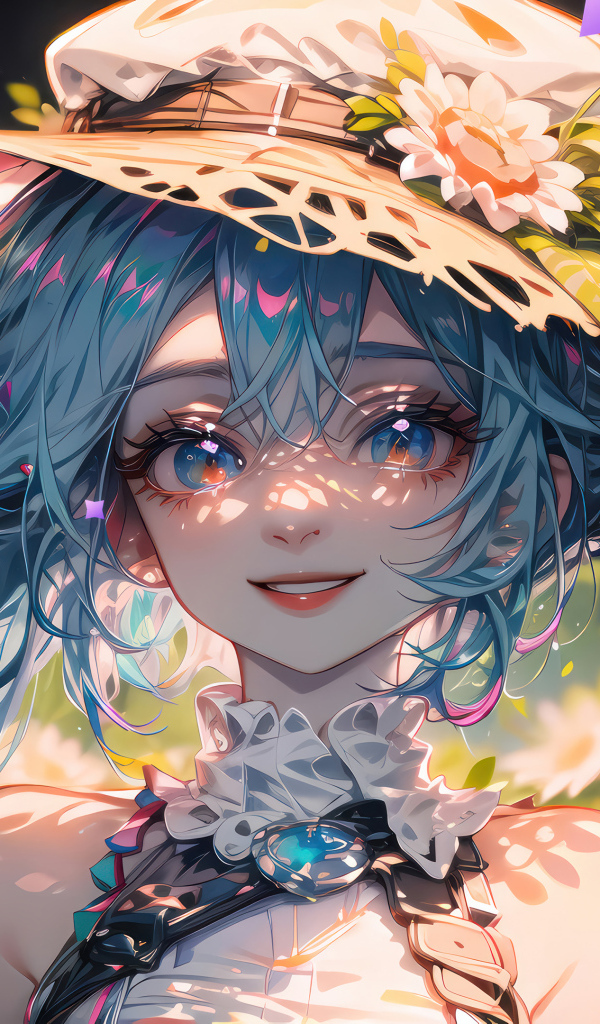 Улыбающаяся девушка аниме с голубыми волосами в большой шляпе