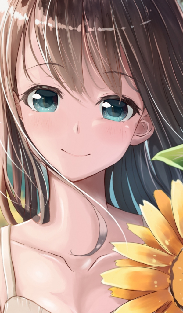 Улыбающаяся девушка аниме с цветами подсолнуха