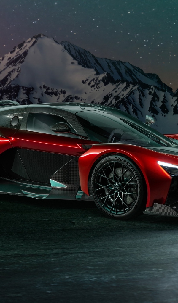 Красный спорткар Zenvo Aurora Agil  на фоне гор