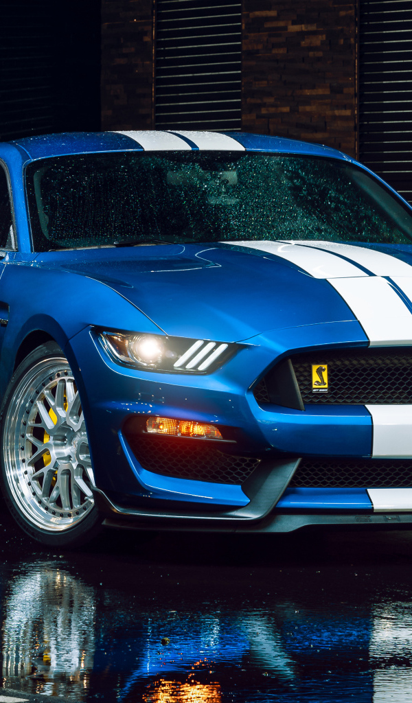 Спорткар Shelby GT350 на мокром асфальте