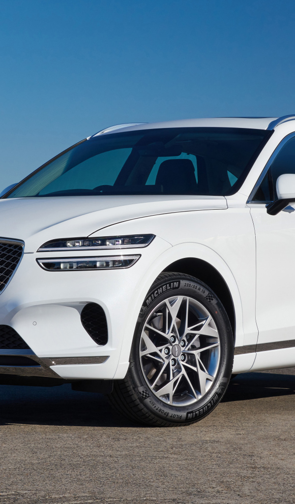 Белый Genesis GV70 2.5T на фоне неба 