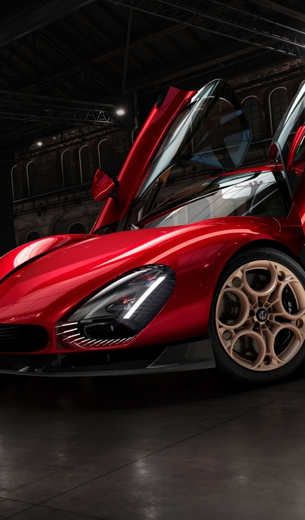 Красный автомобиль Alfa Romeo 33 Stradale 2024 года с открытыми дверями