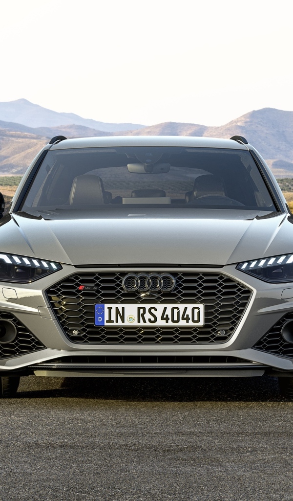 Серебристый автомобиль Audi RS 4 Avant Competition  на фоне гор