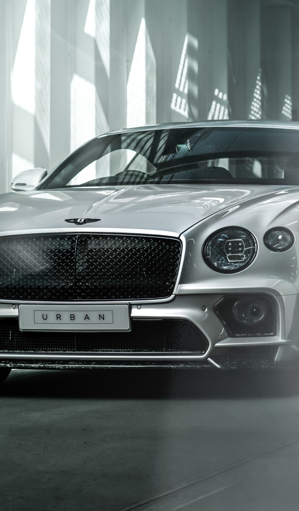 Серебристый автомобиль Bentley Continental GT в здании