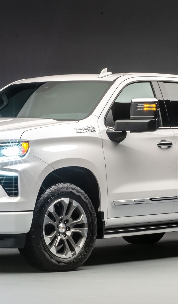 Белый дорогой пикап Chevrolet Silverado 2023 года на сером фоне