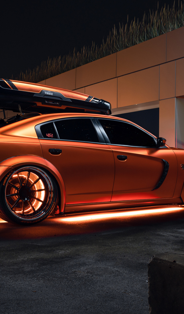 Оранжевый автомобиль Dodge Charger стоит у гаража