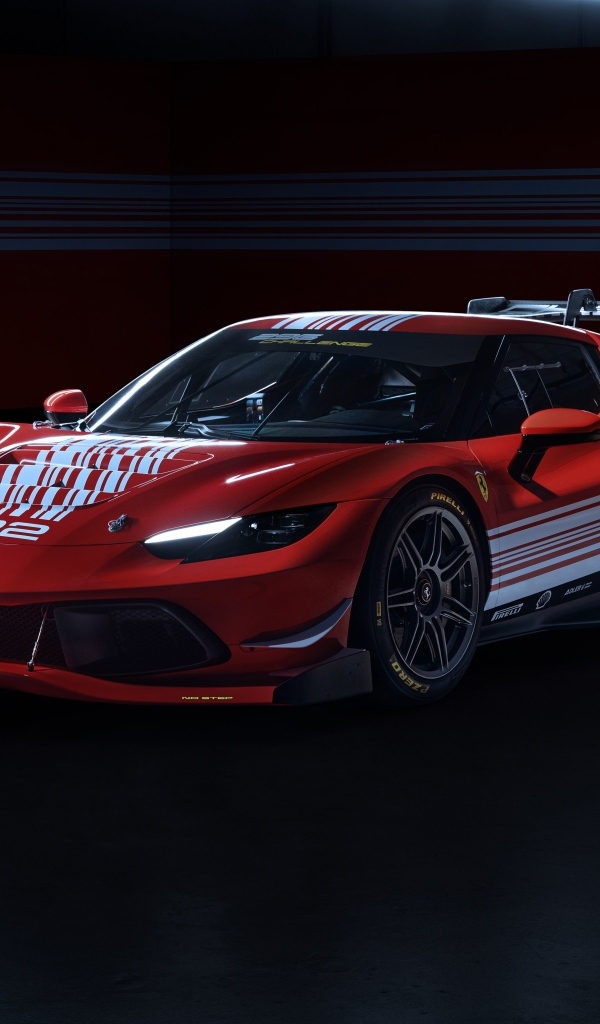 Красный быстрый автомобиль Ferrari 296 Challenge 2023 года