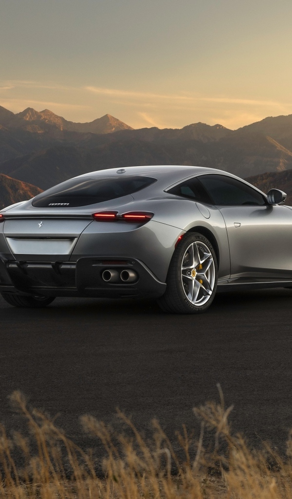 Серебристый автомобиль Ferrari Roma вид сзади