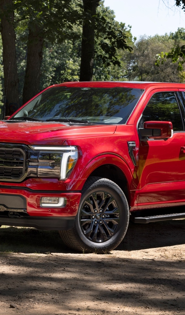 Большой красный Ford F-150 Lariat 2024 года в лесу
