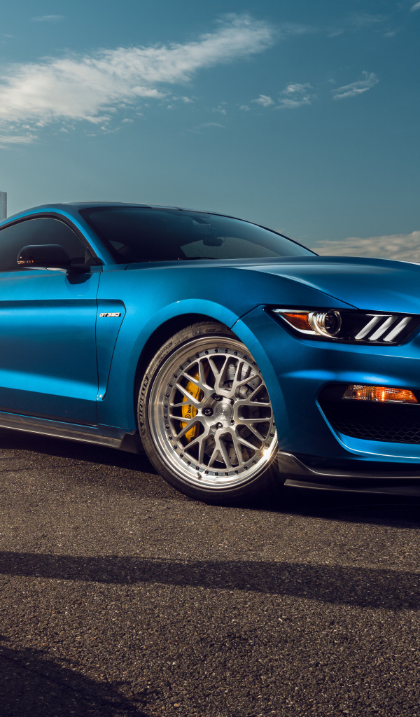 Синий автомобиль Ford Shelby Mustang GT350 в городе