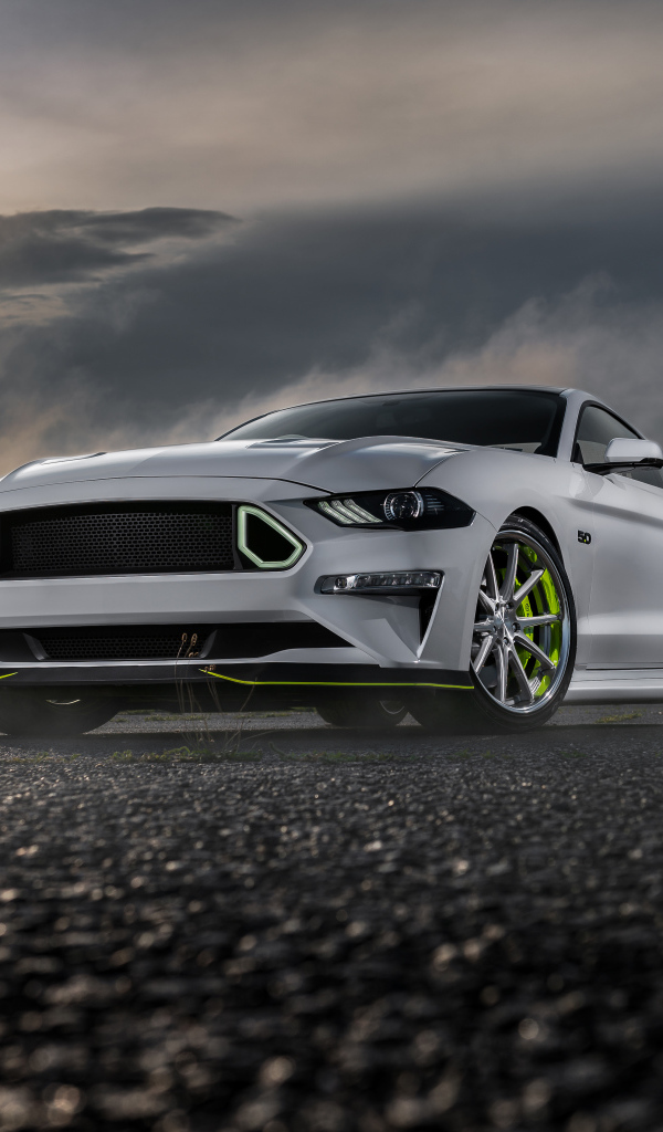 Серебристый Ford Mustang GT на фоне грозового неба