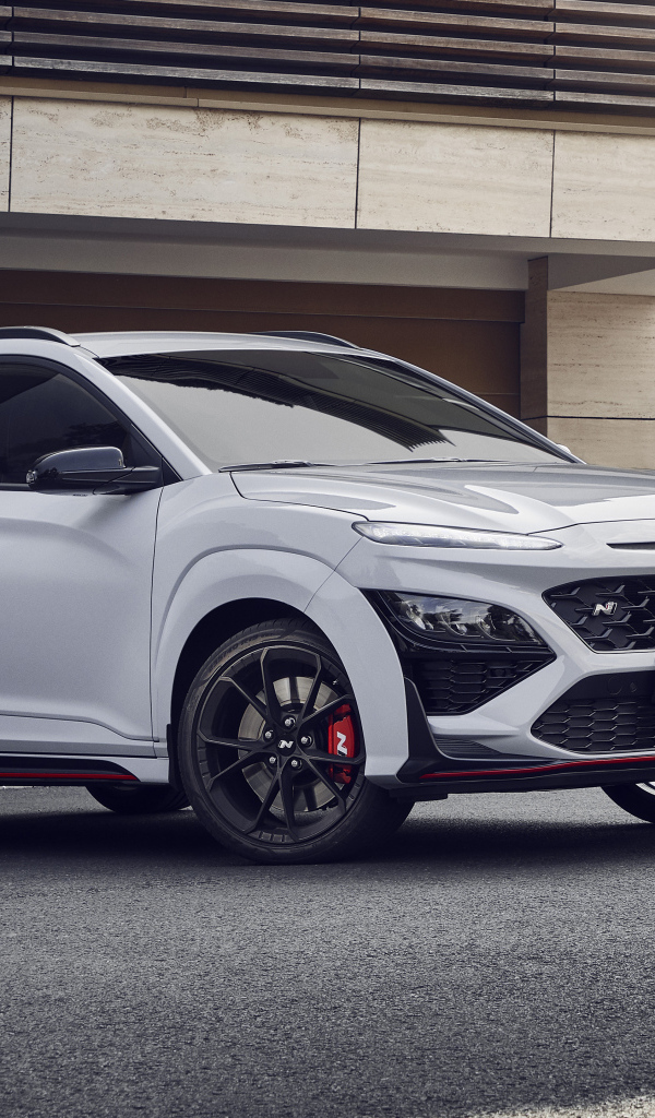 Серебристый Hyundai Kona N у гаража 