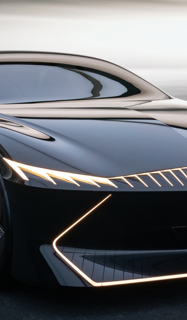 Вид спереди на черный автомобиль Infiniti Vision Qe 2023 года