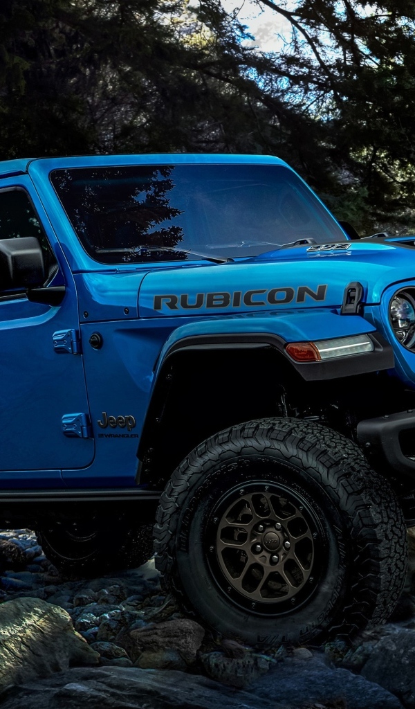 Синий Jeep Wrangler Unlimited Rubicon 2023 года на бездорожье