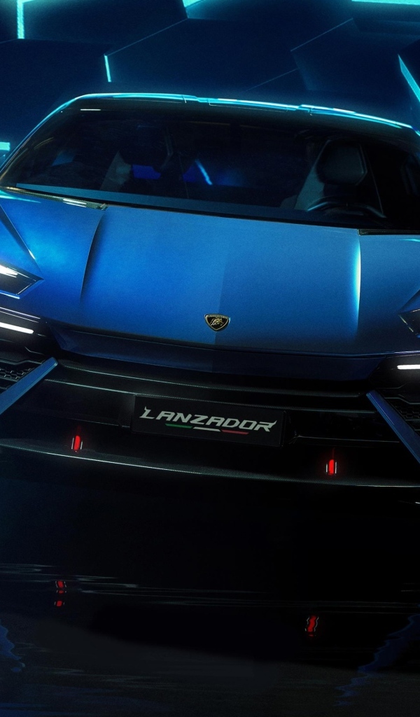 Красивый синий автомобиль Lamborghini Lanzador Concept EV вид спереди