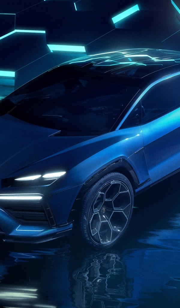 Презентация автомобиля Lamborghini Lanzador Concept EV на синем фоне