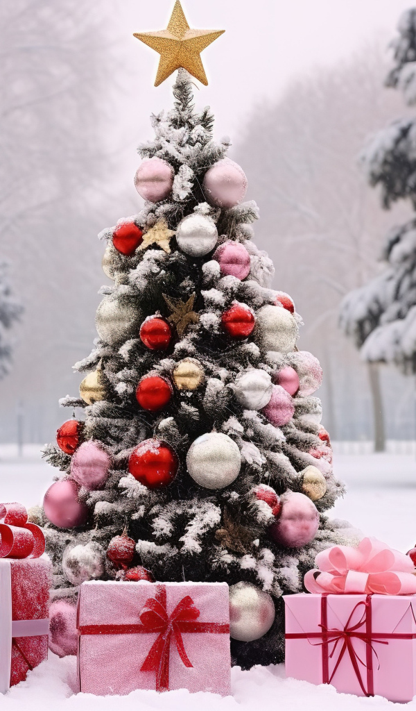 Красивая рождественская ель с подарками на снегу