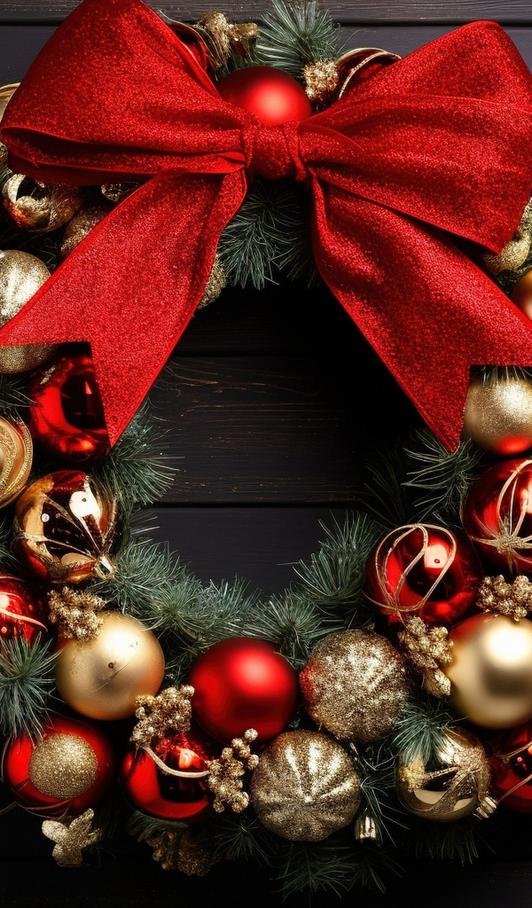 Рождественский венок с красным бантом