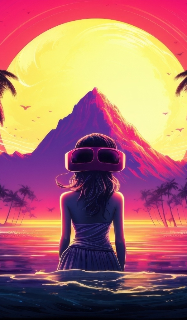 Девушка стоит в воде на фоне луны