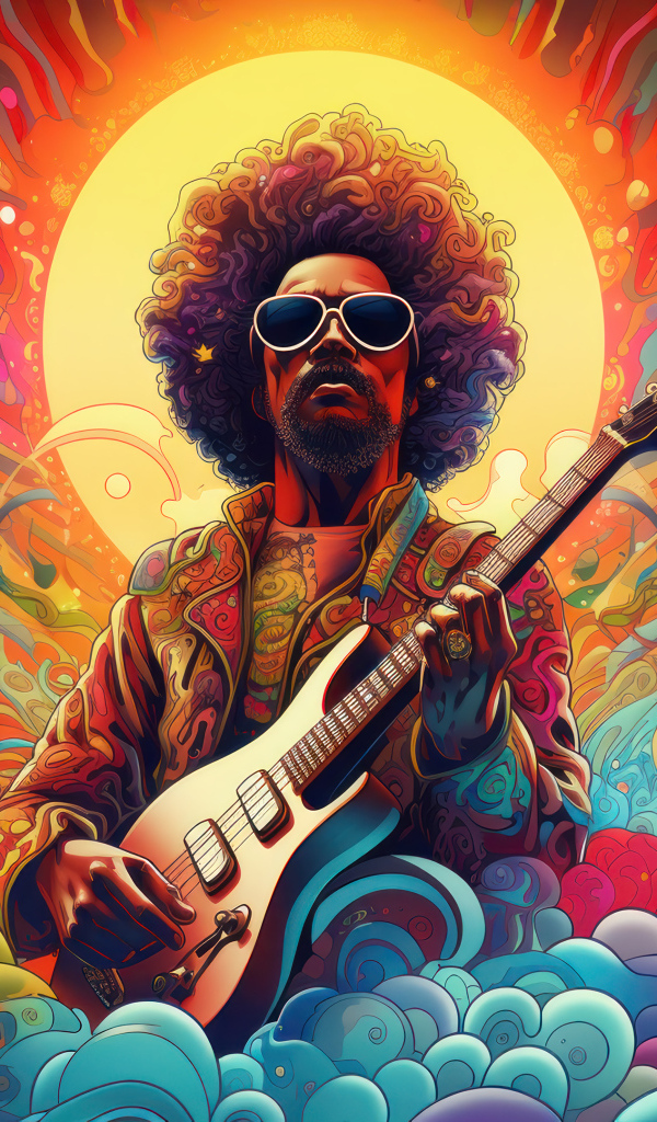 Нарисованный мужчина гитарист на разноцветном фоне