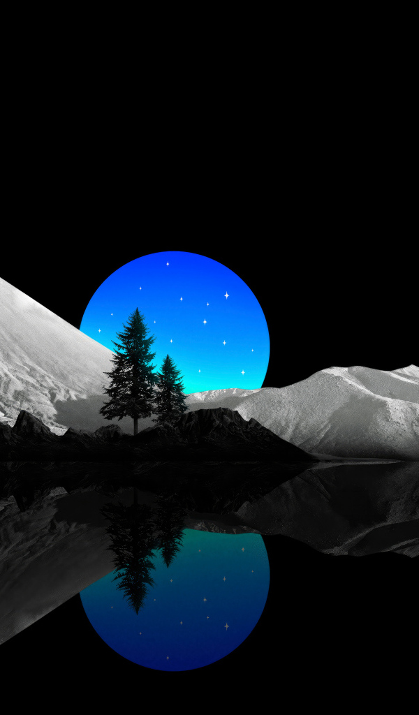 Нарисованные горы и луна на черном фоне