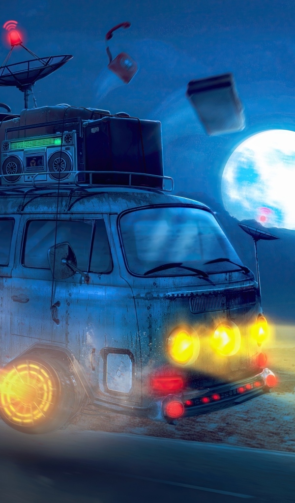 Нарисованный ретро автомобиль на дороге ночью