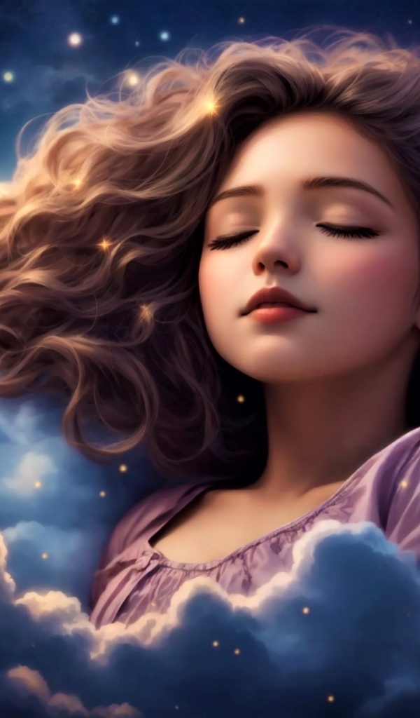 Нарисованная девушка спит в белых облаках