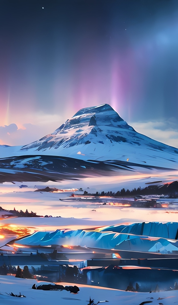 Нарисованная гора с полярным сиянием