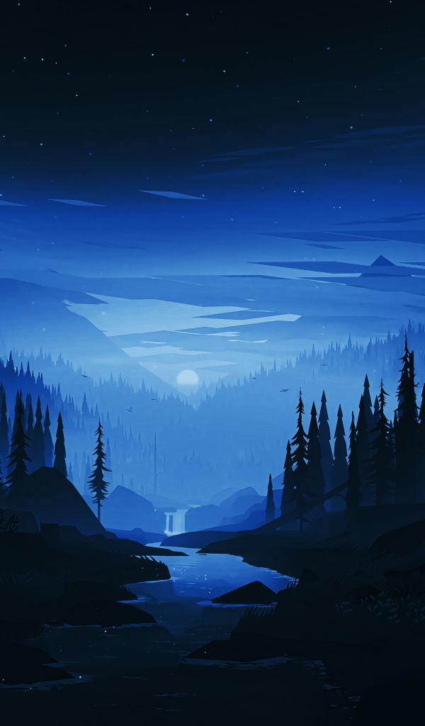Нарисованный ночной лес у гор